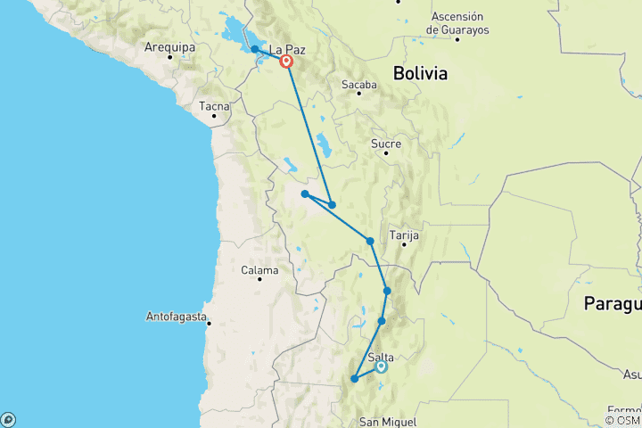 Map of 14 days Alma Andina: a profound journey through Argentina and Bolivia