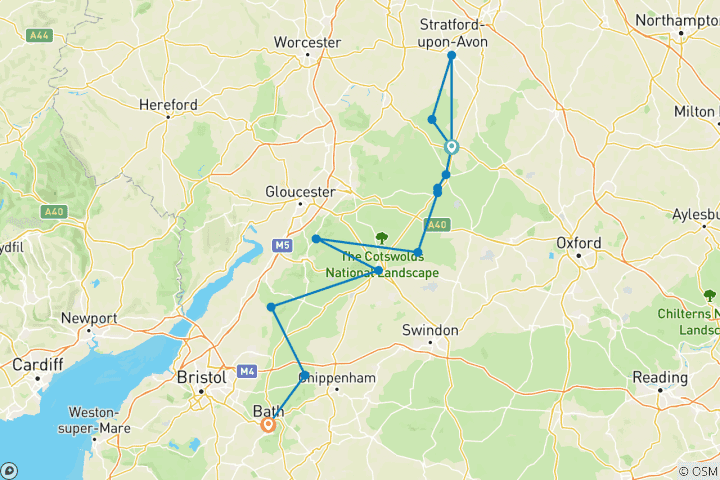 Karte von Cotswolds Radreise (8 Tage)
