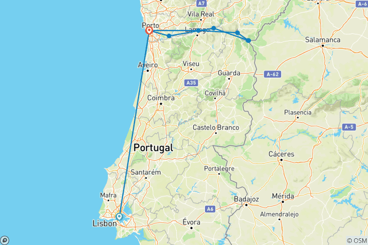 Karte von Lissabon & Douro Highlights: Porto, Salamanca & das Weintal
