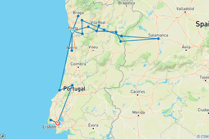 Karte von Douro Höhepunkte: Porto, Salamanca & das Weintal & Lissabon
