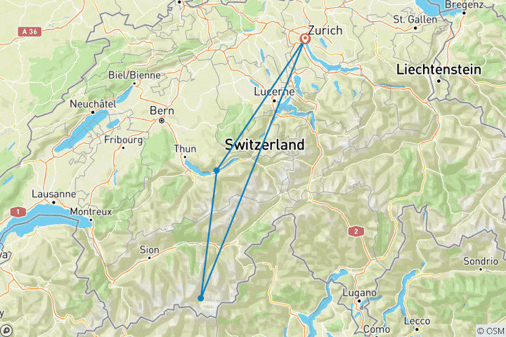 Kaart van 7 Daagse Zwitserland Rondreis (Zürich, Interlaken en Zermatt)