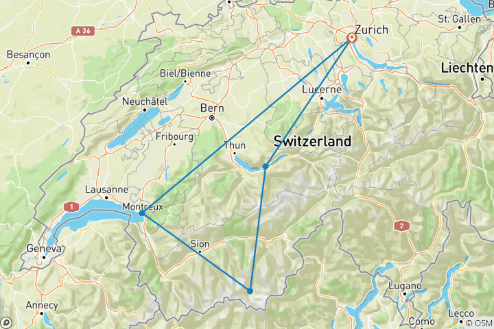 Kaart van 9 Daagse Zwitserland Rondreis (Zürich, Interlaken, Zermatt en Montreux)
