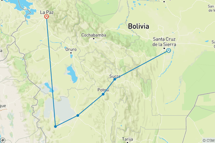 Carte du circuit 11 jours de Bolivie sur deux roues : Du Salar d'Uyuni à la Route de la Mort