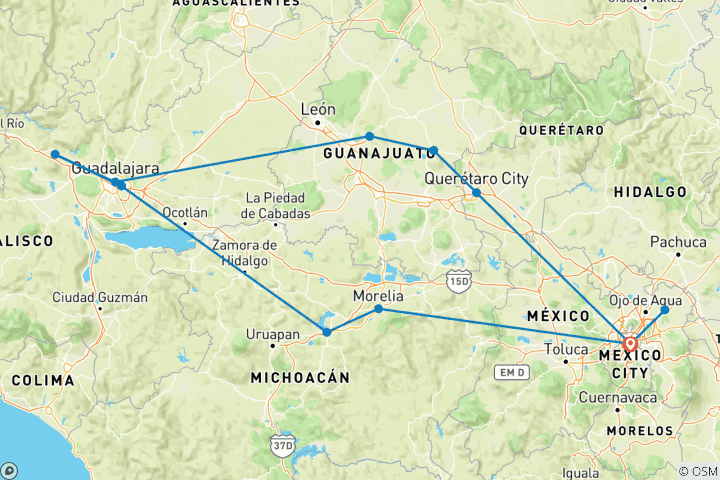 Carte du circuit Voyage culturel de 8 jours dans le centre du Mexique