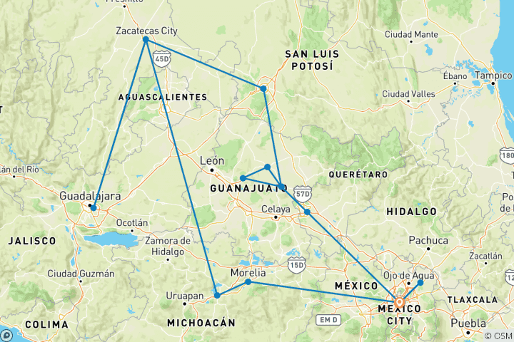 Kaart van Koloniale pracht en levende tradities - 10-daagse reis door het hart van Mexico