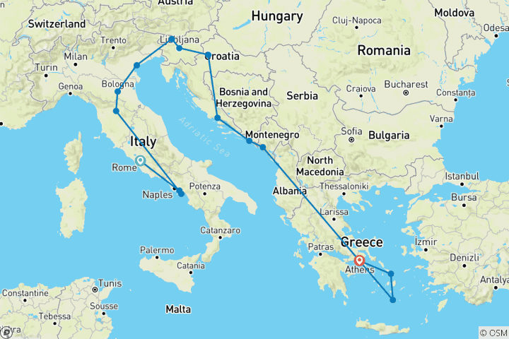 Carte du circuit Best of Medeterien Tour 2 vols inclus Découverte de l'Italie, de la Dalmatie et des îles grecques