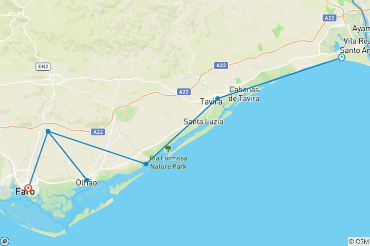 Kaart van Algarve fietstocht voor het hele gezin (7 dagen)