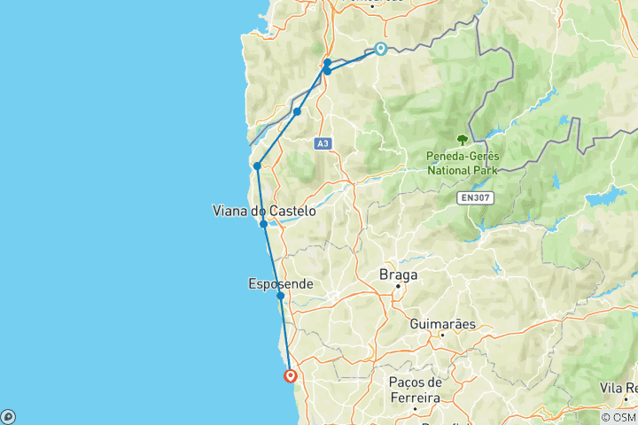 Mapa de Vacaciones familiares en el Noroeste de Portugal (7 días)