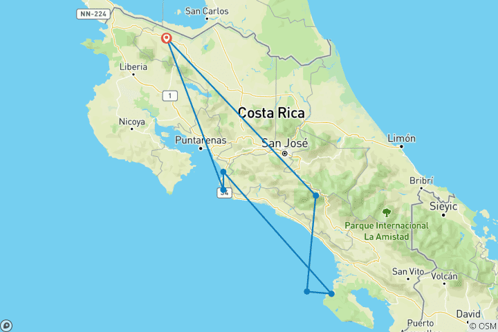 Carte du circuit 8 jours Faune, culture et nature du Costa Rica