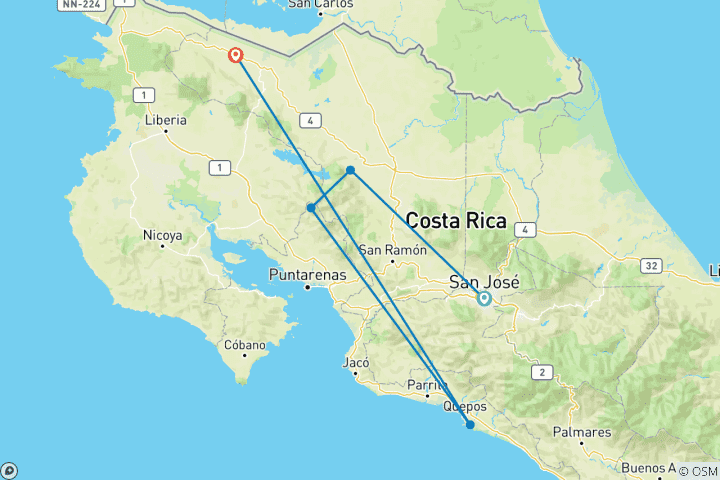 Carte du circuit 7 jours - Les points forts du Costa Rica