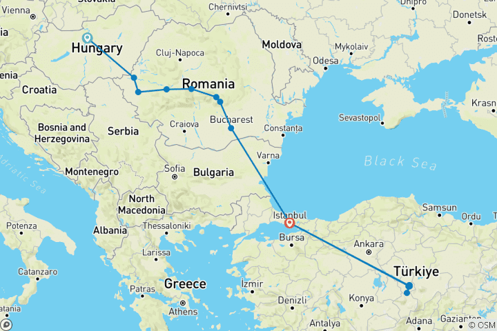 Kaart van 9 Dagen van Boedapest naar Istanbul & Cappadocië Een Erfgoed Avontuur 3 VLUCHTEN INBEGREPEN - Kleine Groepsreis