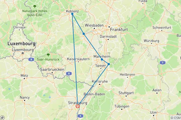 Carte du circuit Le Rhin en folie : une croisière animée, pleine de légendes, de saveurs et de bonne humeur (croisière de port en port)