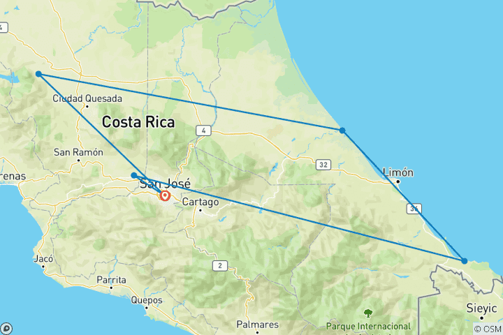 Carte du circuit 8 jours au nord et aux Caraïbes du Costa Rica
