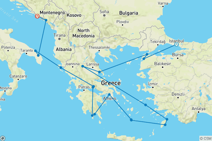 Carte du circuit Joyaux cachés de la Méditerranée Istanbul → Dubrovnik (2027)