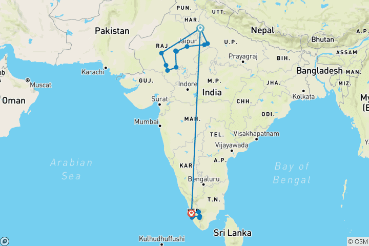 Carte du circuit Les sentiers emblématiques du nord et du sud de l'Inde par G Experiences