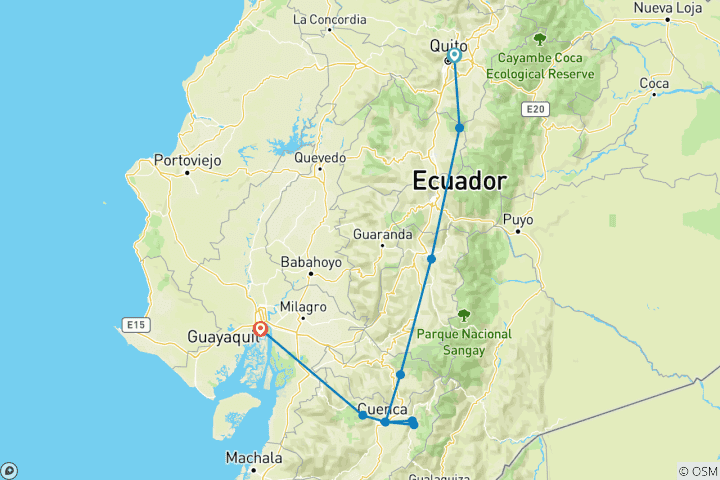 Map of Ecuador: Quito, Volcanoes, Riobamba, Ingapirca, Gualaceo, Chordeleg, Cuenca, El Cajas, Guayaquil - 5 days