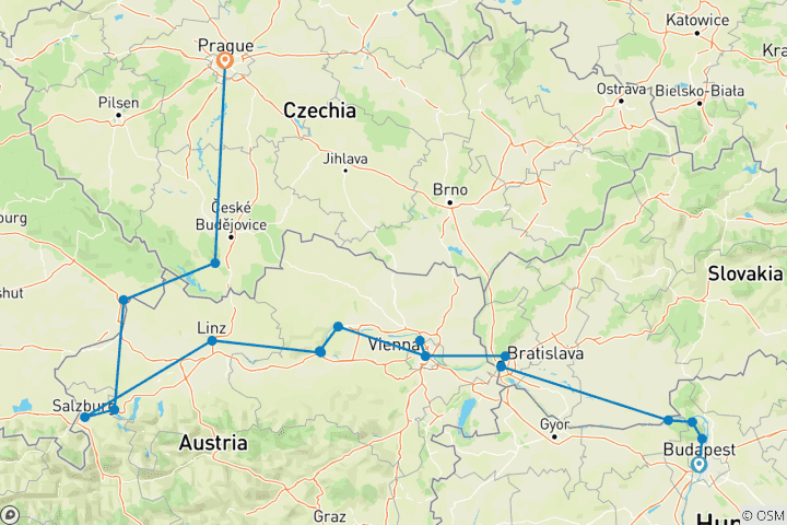 Karte von Klassische Donaukreuzfahrt und 4 Tage Prag (Budapest - Prag)