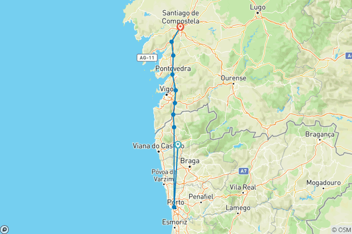 Karte von Der Portugiesische Weg nach Santiago (10 Tage)