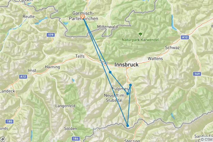 Kaart van Begeleide Alpenoversteek van Garmisch naar Sterzing - Actieve Familie