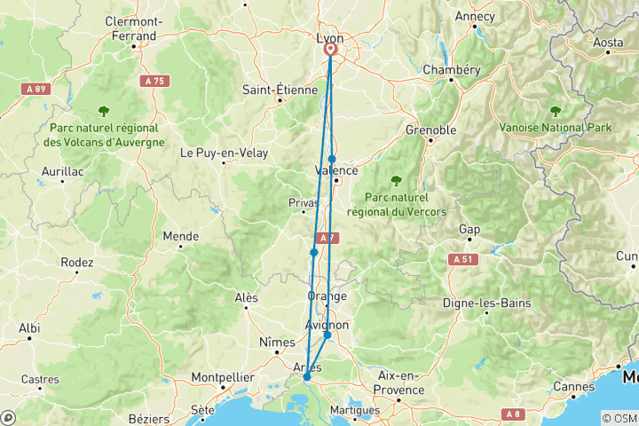 Map of Along the Rhône between Lyon, the Camargue and Provence, with a Complimentary dinner at the Abbaye de Collonges ¿ Paul Bocuse (port-to-port cruise)