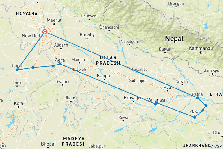Map of Golden Triangle with Bodh Gaya and Varanasi Trails By G Experiences
