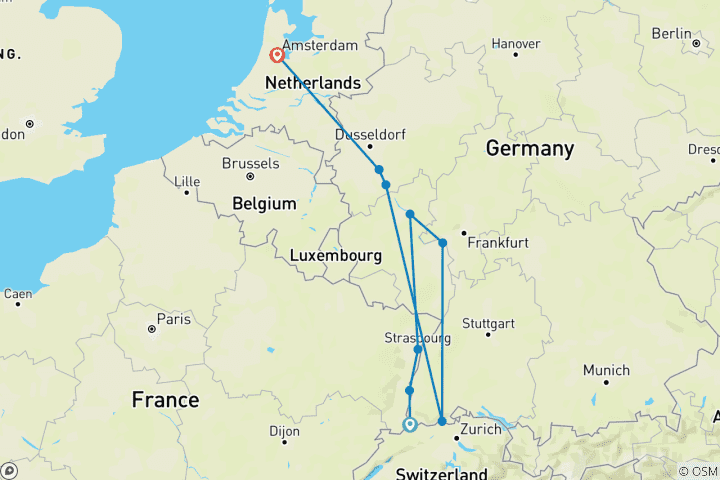 Carte du circuit Le Rhin en héritage : Art, histoire et patrimoine. À la découverte des génies et des chefs-d'œuvre de l'Europe (croisière de port en port)