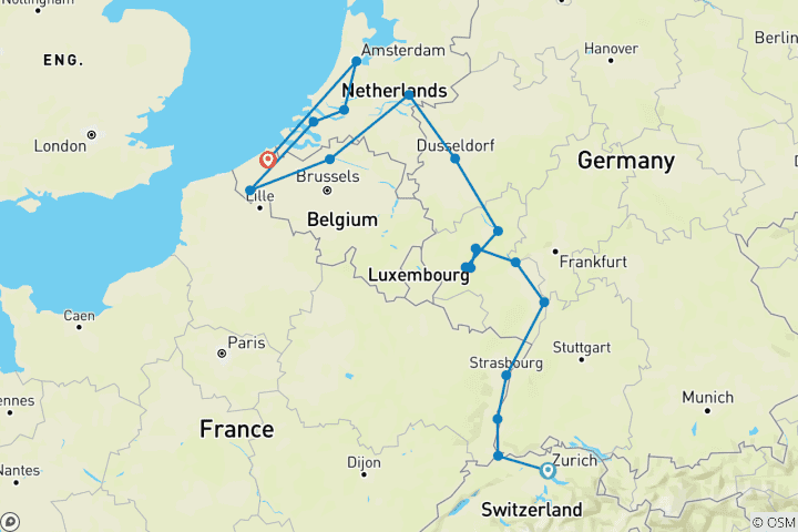 Karte von Romantischer Rhein & Mosel mit Brügge - 18 Tage (von Zürich bis Brügge)