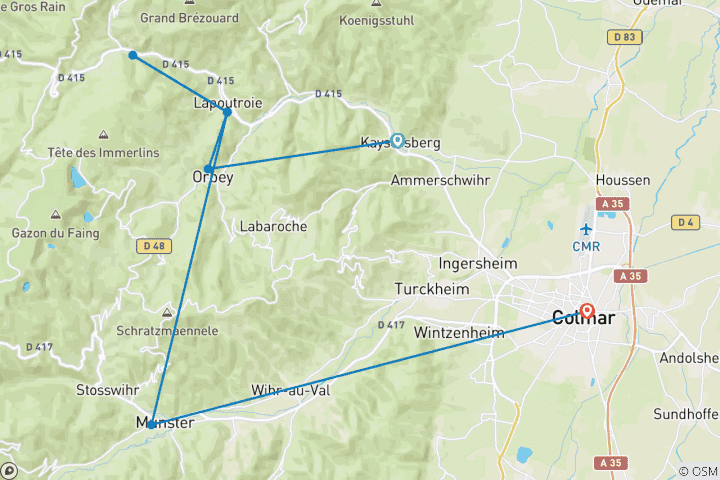 Carte du circuit Randonnée dans les montagnes d'Alsace : de Kaysersberg à Munster (6 jours)