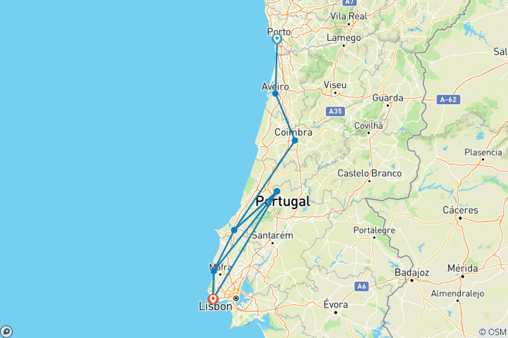 Karte von Atlantikstraße von Porto nach Lissabon (8 Tage)