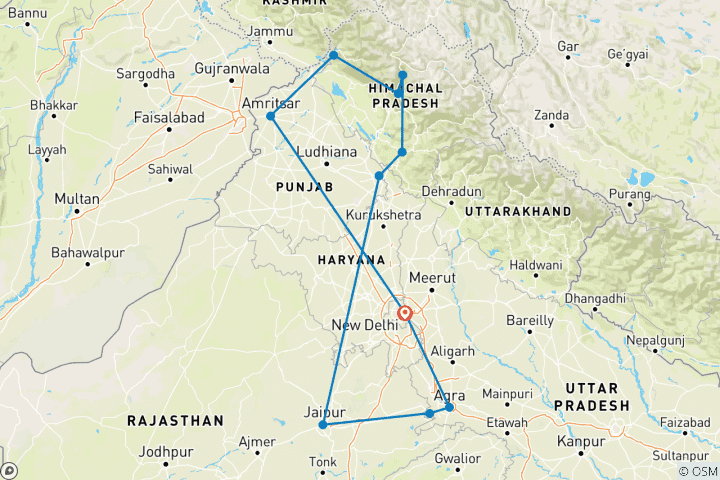 Kaart van Noord-India Heritage en Himalaya Trail door G Experiences