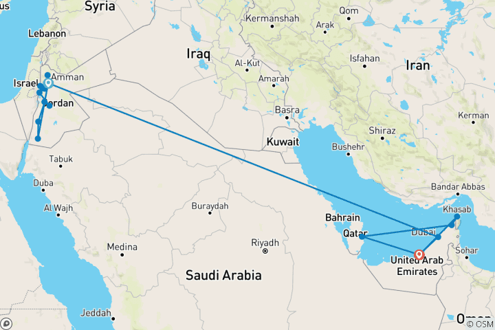 Carte du circuit Escapade en Jordanie plus croisière de 4 nuits à Dubaï et en Arabie Iconique