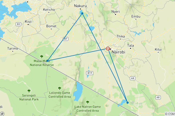 Karte von Amboseli, Lake Nakuru und Masai Mara Privatrundreise - 3 Tage