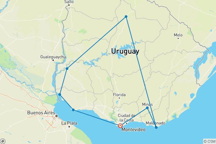 Karte von Uruguay Mietwagen Rundreise - 21 Tage gelebte Kultur zwischen Küste und Hinterland
