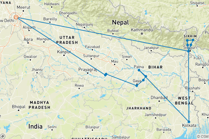 Mapa de Panorama del Norte y Este de la India con Ruta Budista By G Experiences