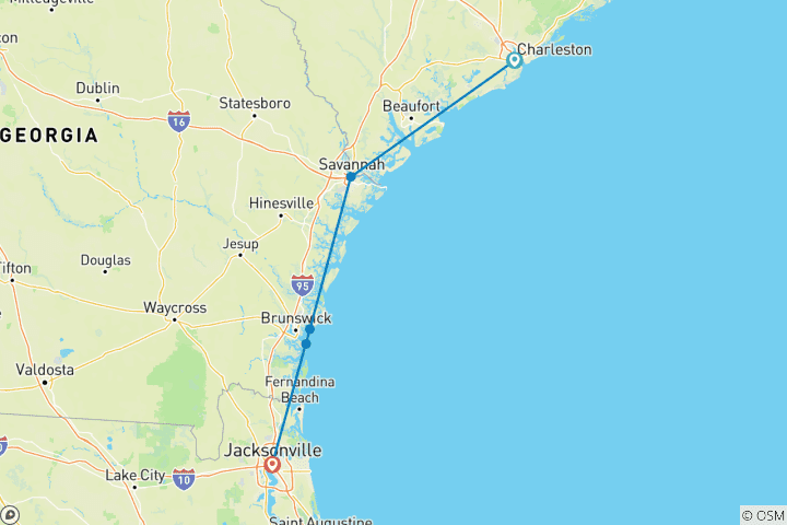 Karte von Charme des Südens mit Charleston, Savannah und Jekyll Island (Charleston, SC nach Jekyll Island, GA) (2027)