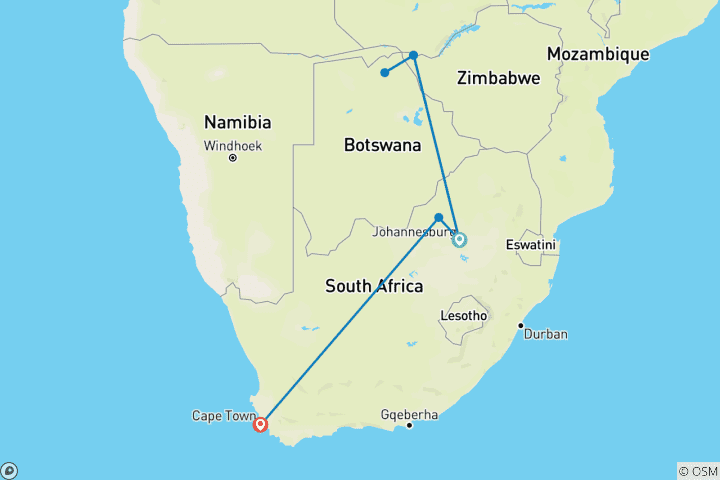 Kaart van Ontdek Zuid-Afrika, Victoria Falls en Botswana (Johannesburg naar Kaapstad) (2027)