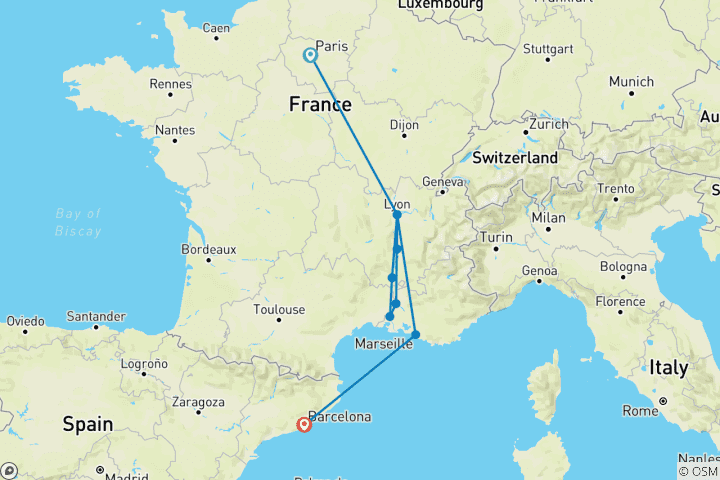 Carte du circuit 14 jours d'élégance française et de charme espagnol avec une croisière tout compris sur le Rhône