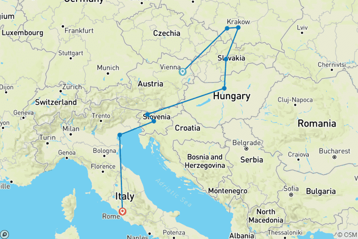 Kaart van Wenen naar Rome Trail (Standaard, Zomer (tot mrt '27), Leeftijd 18-22)