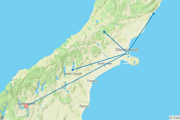 Carte du circuit 9 jours à Christchurch et Queenstown en bus : Kaikoura, Arthur's Pass, Mt Cook et saut en parachute à Queenstown