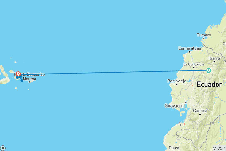 Carte du circuit 7 jours de voyage de luxe à Quito et sur les îles Galápagos