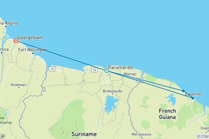 Mapa de Aventura en Surinam, Guayana Francesa y Guyana: Selva Tropical, Cultura e Historia 9 días