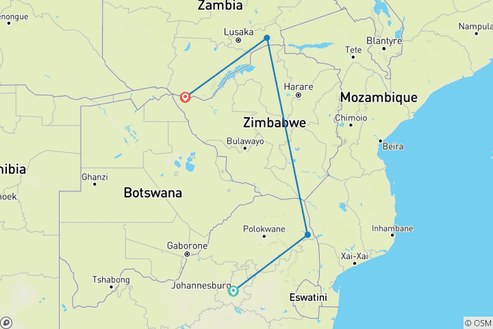 Carte du circuit Aventure abordable de 7 jours au Kruger et aux chutes Victoria