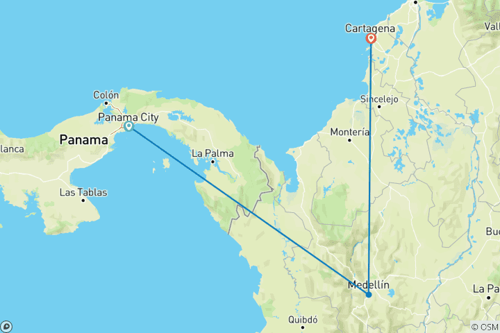 Carte du circuit Panama et Colombie : Un voyage de contrastes entre le Canal, les Caraïbes et les sommets andins : Panama City, Medellin et Cartagena (7 jours, 6 nuits)