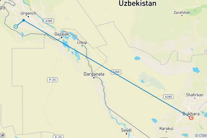 Karte von Chiwa nach Buchara durch alte Festungen