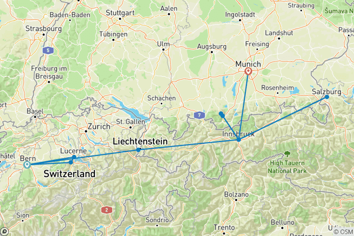 Map of Discover Switzerland, Austria & Bavaria featuring Oktoberfest (Bern to Munich) (2027)