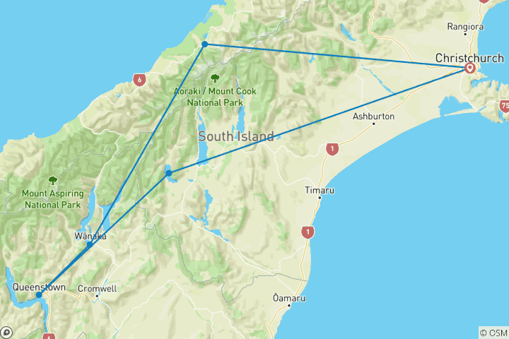 Mapa de Maravillas del Sur de Nueva Zelanda - Viaje de 10 días