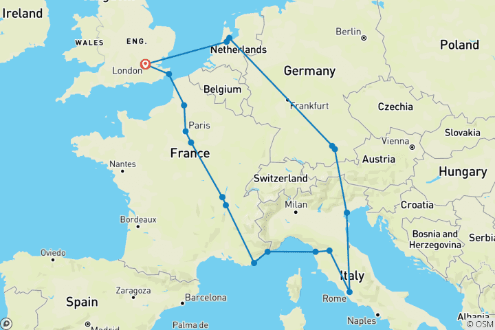 Mapa de Lo más destacado de Europa (Comienza en Londres, Edad 18-22) (19 destinations)