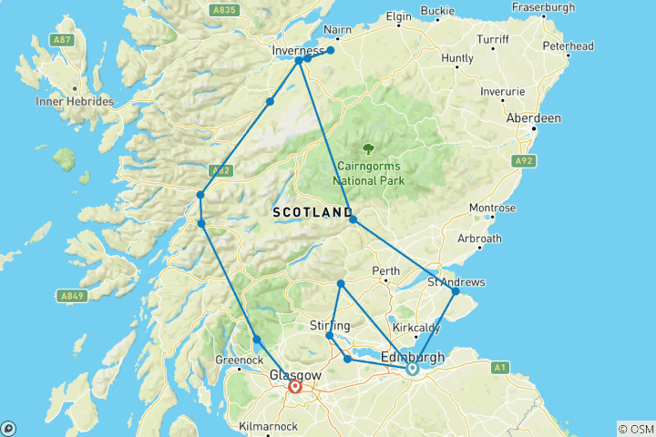 Map of Signature: Scotland’s Edinburgh, the Highlands & Loch Lomond National Geographic Journeys