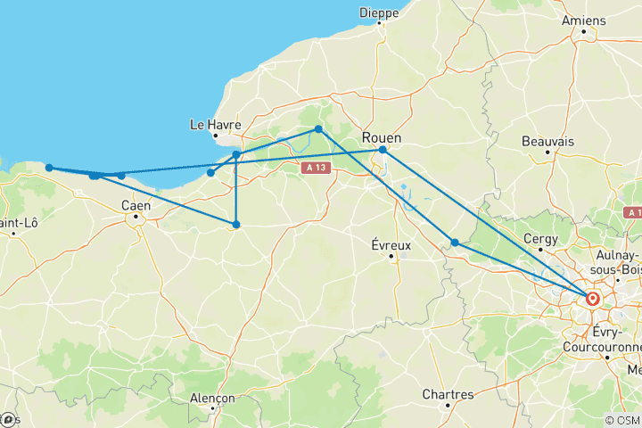 Carte du circuit La Normandie authentique : Villages de charme, cuisine traditionnelle et sites classiques (croisière port à port) - RENOIR