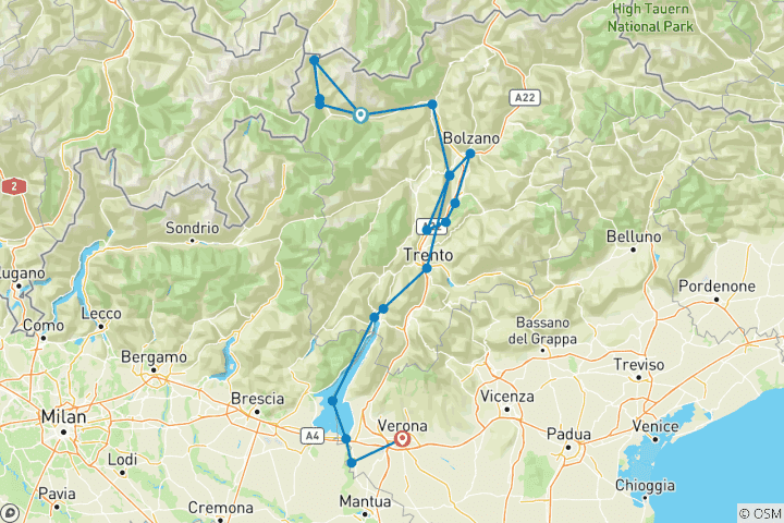 Mapa de Los valles alpinos italianos: Tirol del Sur, Lago de Garda y Verona (8 días)